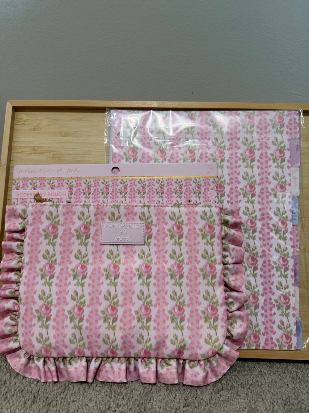 NWT LOVESHACK FANCY Ruffle Accessory Pouch& tab dividers strawberry macaron